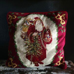 Vintage Christmas Santa Needlepoint Throw Pillow With Red Velvet Back